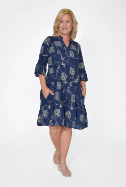 Jolie Saule Hallie 3/4 Frill Sleeve Dress in Navy- Long Sleeved Dresses | Knee Length Dresses