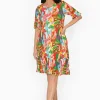 One Summer Harley Rayon Short Sleeve Dress in Red Tropics- Knee Length Dresses | Midi Dresses