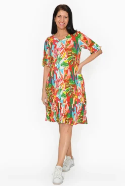 One Summer Harley Rayon Short Sleeve Dress in Red Tropics- Knee Length Dresses | Midi Dresses