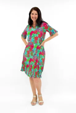 One Summer Harley Rayon Short Sleeve Dress in Green Mint Multi- Short Sleeved Dresses | Knee Length Dresses