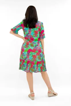 One Summer Harley Rayon Short Sleeve Dress in Green Mint Multi- Short Sleeved Dresses | Knee Length Dresses