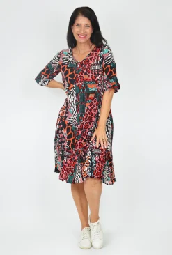 One Summer Harley Short Sleeve Dress in Animal Red- Knee Length Dresses | Short Sleeved Dresses