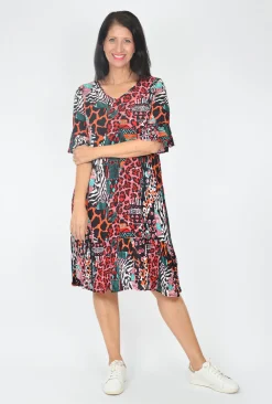 One Summer Harley Short Sleeve Dress in Animal Red- Knee Length Dresses | Short Sleeved Dresses