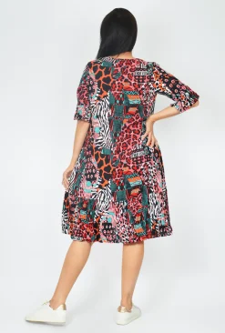 One Summer Harley Short Sleeve Dress in Animal Red- Knee Length Dresses | Short Sleeved Dresses