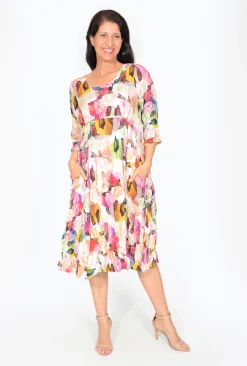 Willow Tree Helen Elbow Sleeve Dress in Floral Oil Paint- Long Sleeved Dresses | Midi Dresses
