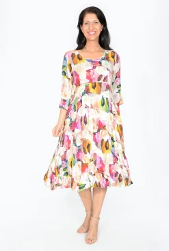 Willow Tree Helen Elbow Sleeve Dress in Floral Oil Paint- Long Sleeved Dresses | Midi Dresses