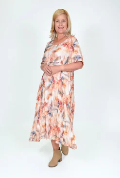 Willow Tree Helen Feather Print Dress in Pale Peach- Midi Dresses | Long Dresses