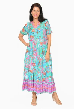 Escape Isha Rayon Peak Maxi Dress in & Pink- Short Sleeved Dresses | Maxi Dresses