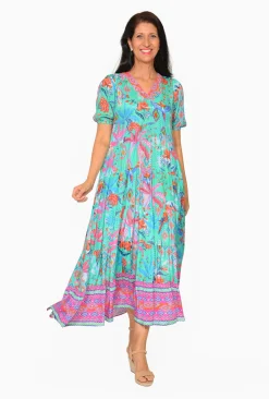 Escape Isha Rayon Peak Maxi Dress in & Pink- Short Sleeved Dresses | Maxi Dresses