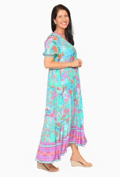 Escape Isha Rayon Peak Maxi Dress in & Pink- Short Sleeved Dresses | Maxi Dresses