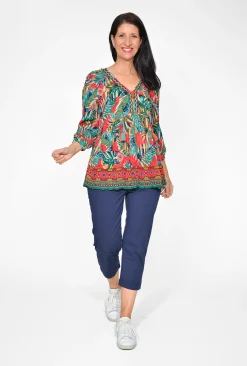 Orientique Janelle Rayon 3/4 Sleeve Boho Blouse in Red & Green Tropics- 3/4 Sleeve Tops