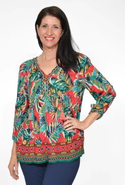 Orientique Janelle Rayon 3/4 Sleeve Boho Blouse in Red & Green Tropics- 3/4 Sleeve Tops