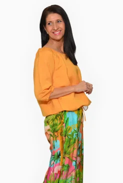Escape Janette Linen Blend 3/4 Puff Sleeve Top in Mango Yellow- 3/4 Sleeve Tops
