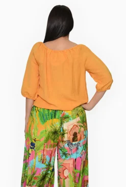 Escape Janette Linen Blend 3/4 Puff Sleeve Top in Mango Yellow- 3/4 Sleeve Tops
