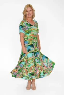 Orientique Jennifer Rayon Godet Rayon Midi Dress in Green Holiday- Short Sleeved Dresses | Midi Dresses