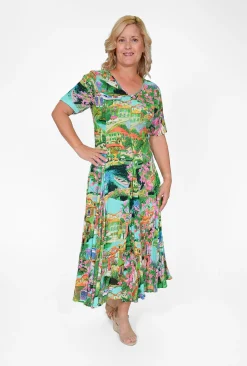 Orientique Jennifer Rayon Godet Rayon Midi Dress in Green Holiday- Short Sleeved Dresses | Midi Dresses