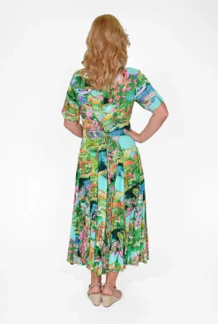 Orientique Jennifer Rayon Godet Rayon Midi Dress in Green Holiday- Short Sleeved Dresses | Midi Dresses