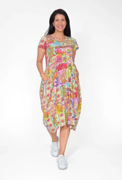 Orientique Jillian Cotton Short Sleeve Bubble Dress in Bright Floral- Short Sleeved Dresses | Cotton Dresses