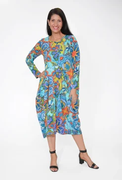 Orientique Jillian Long Sleeve Bubble Midi Dress in- Long Sleeved Dresses | Organic Cotton Clothing