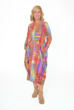 Orientique Jillian Long Sleeve Bubble Midi Dress in Abstract- Long Sleeved Dresses | Organic Cotton Clothing