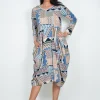 Orientique Jillian Long Sleeve Bubble Midi Dress in Blue Multi- Long Sleeved Dresses | Cotton Dresses