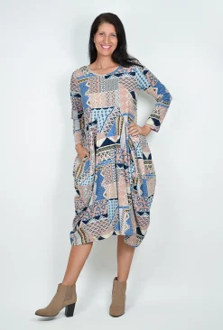 Orientique Jillian Long Sleeve Bubble Midi Dress in Blue Multi- Long Sleeved Dresses | Cotton Dresses