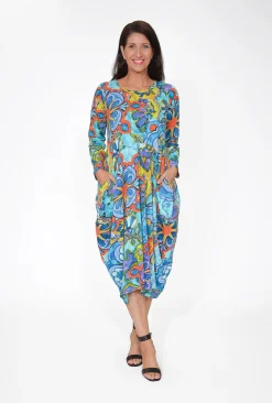 Orientique Jillian Long Sleeve Bubble Midi Dress in- Long Sleeved Dresses | Organic Cotton Clothing