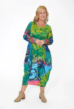 Orientique Jillian Long Sleeve Bubble Midi Dress in Bikes- Long Sleeved Dresses | Organic Cotton Clothing