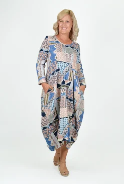 Orientique Jillian Long Sleeve Bubble Midi Dress in Blue Multi- Long Sleeved Dresses | Cotton Dresses