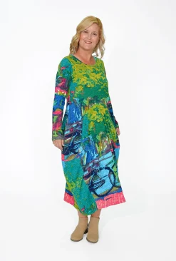 Orientique Jillian Long Sleeve Bubble Midi Dress in Bikes- Long Sleeved Dresses | Organic Cotton Clothing