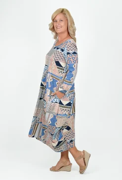 Orientique Jillian Long Sleeve Bubble Midi Dress in Blue Multi- Long Sleeved Dresses | Cotton Dresses