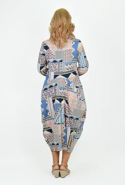 Orientique Jillian Long Sleeve Bubble Midi Dress in Blue Multi- Long Sleeved Dresses | Cotton Dresses