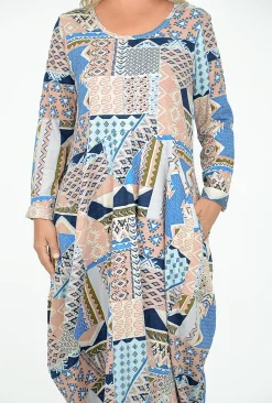 Orientique Jillian Long Sleeve Bubble Midi Dress in Blue Multi- Long Sleeved Dresses | Cotton Dresses