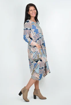 Orientique Jillian Long Sleeve Bubble Midi Dress in Blue Multi- Long Sleeved Dresses | Cotton Dresses