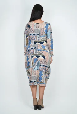 Orientique Jillian Long Sleeve Bubble Midi Dress in Blue Multi- Long Sleeved Dresses | Cotton Dresses