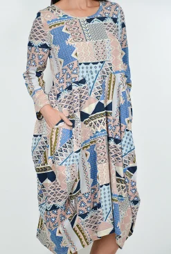 Orientique Jillian Long Sleeve Bubble Midi Dress in Blue Multi- Long Sleeved Dresses | Cotton Dresses