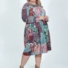 Orientique Josie Long Sleeve Bubble Dress in Burgundy Patchwork- Long Sleeved Dresses | Knee Length Dresses
