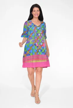 One Summer Julia Cotton Boho Tunic Dress in & Pink- Short Sleeved Dresses | Above Knee Dresses