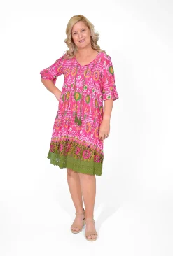 One Summer Julia Cotton Short Sleeve Boho Tunic Dress in Dark Pink- Long Sleeved Dresses | Knee Length Dresses
