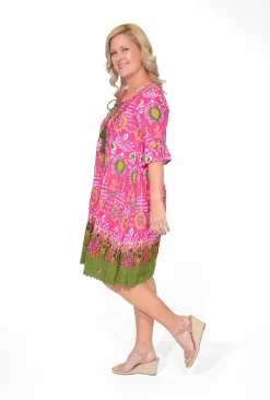 One Summer Julia Cotton Short Sleeve Boho Tunic Dress in Dark Pink- Long Sleeved Dresses | Knee Length Dresses