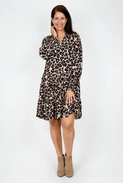 Sass Kaye Animal Long Sleeve Dress in Brown- Long Sleeved Dresses | Above Knee Dresses