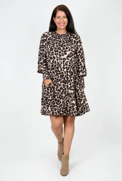 Sass Kaye Animal Long Sleeve Dress in Brown- Long Sleeved Dresses | Above Knee Dresses