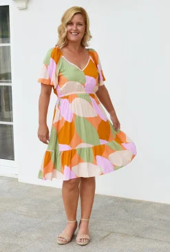 Fira Kaylani Short Sleeve Dress in Peach Multi- Knee Length Dresses | Above Knee Dresses