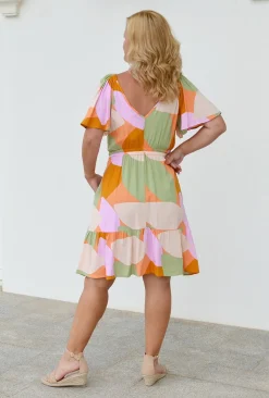 Fira Kaylani Short Sleeve Dress in Peach Multi- Knee Length Dresses | Above Knee Dresses