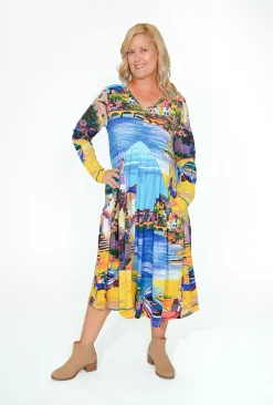 Orientique Kelsey Midi Peak Dress in Boats- Long Sleeved Dresses | Organic Cotton Clothing