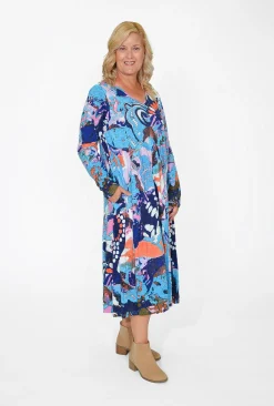 Orientique Kelsey Midi Peak Dress in Abstract- Long Sleeved Dresses | Organic Cotton Clothing