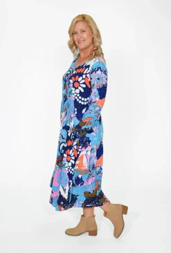 Orientique Kelsey Midi Peak Dress in Abstract- Long Sleeved Dresses | Organic Cotton Clothing