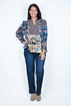 Orientique Kiara Puff Long Sleeve Blouse in Blue Multi- Long Sleeved Tops