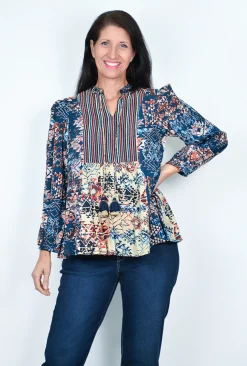 Orientique Kiara Puff Long Sleeve Blouse in Blue Multi- Long Sleeved Tops