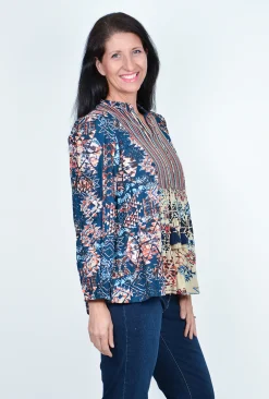 Orientique Kiara Puff Long Sleeve Blouse in Blue Multi- Long Sleeved Tops
